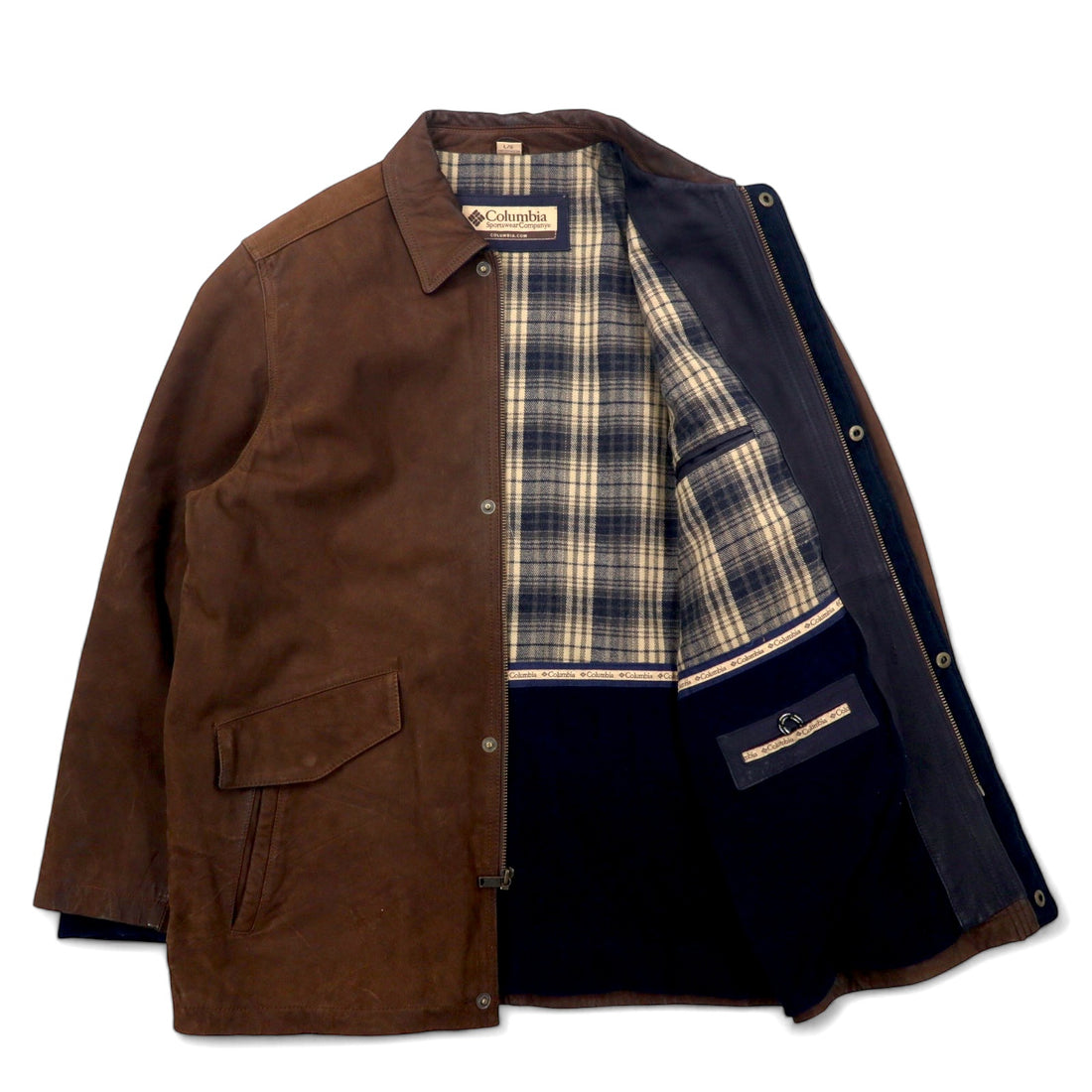 Columbia 90s Leather Car Coat, Large, Brown, Check Lining, Made in Pakistan