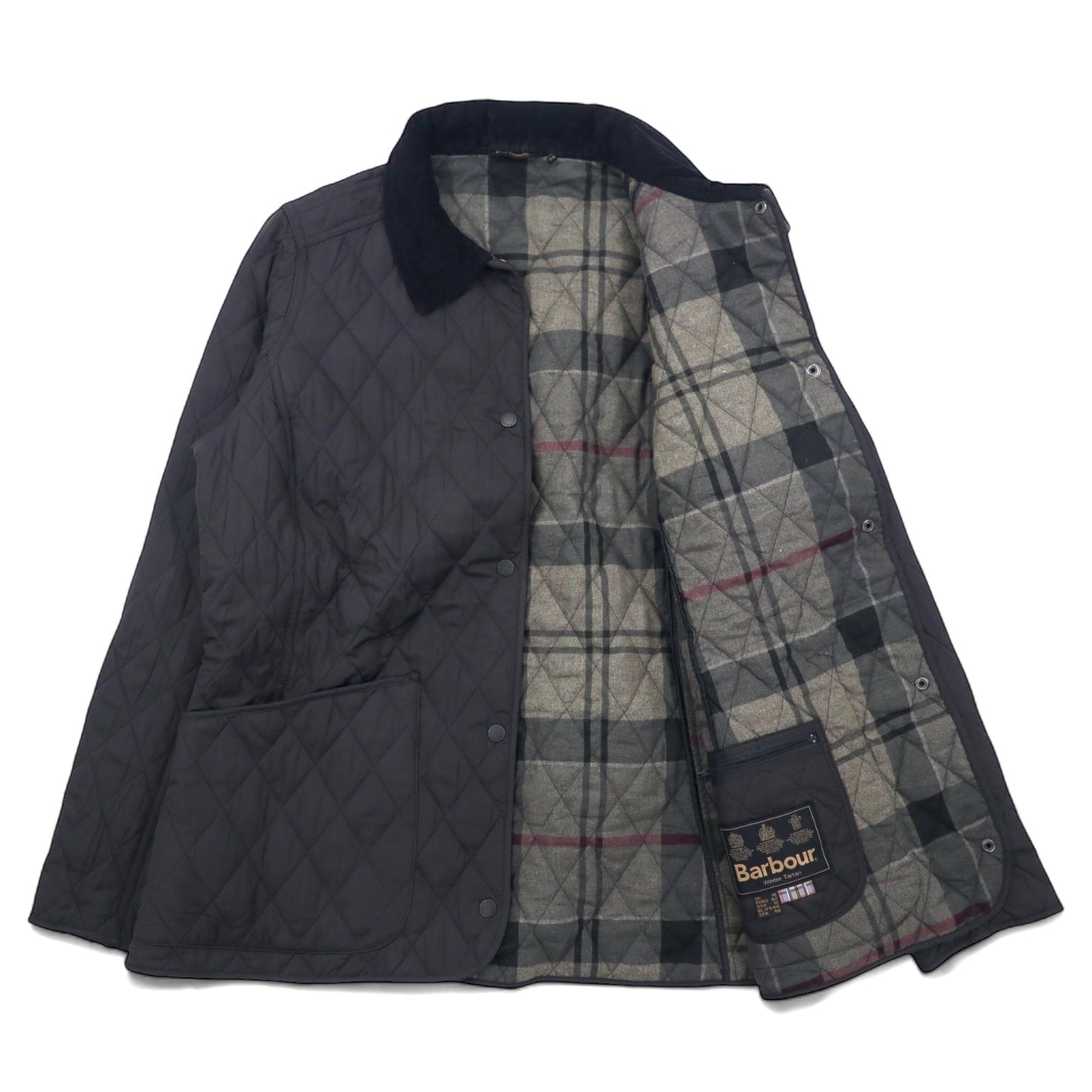 Barbour キルティングジャケット XL グレー ポリエステル ロゴ刺繍 襟コーデュロイ 裏地チェック MONTROSE QUILT JACKET LQU0572 GY52