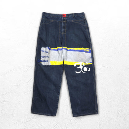 MARITHE + FRANCOIS GIRBAUD バギー ワイド デニムパンツ XL インディゴ ブルー ペイントデザイン