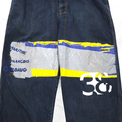 MARITHE + FRANCOIS GIRBAUD バギー ワイド デニムパンツ XL インディゴ ブルー ペイントデザイン