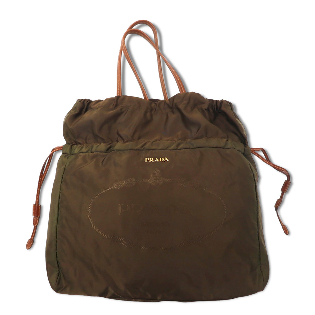 PRADA ジャガード 巾着 トートバッグ ショルダーバッグ カーキ ナイロン ロゴプリント