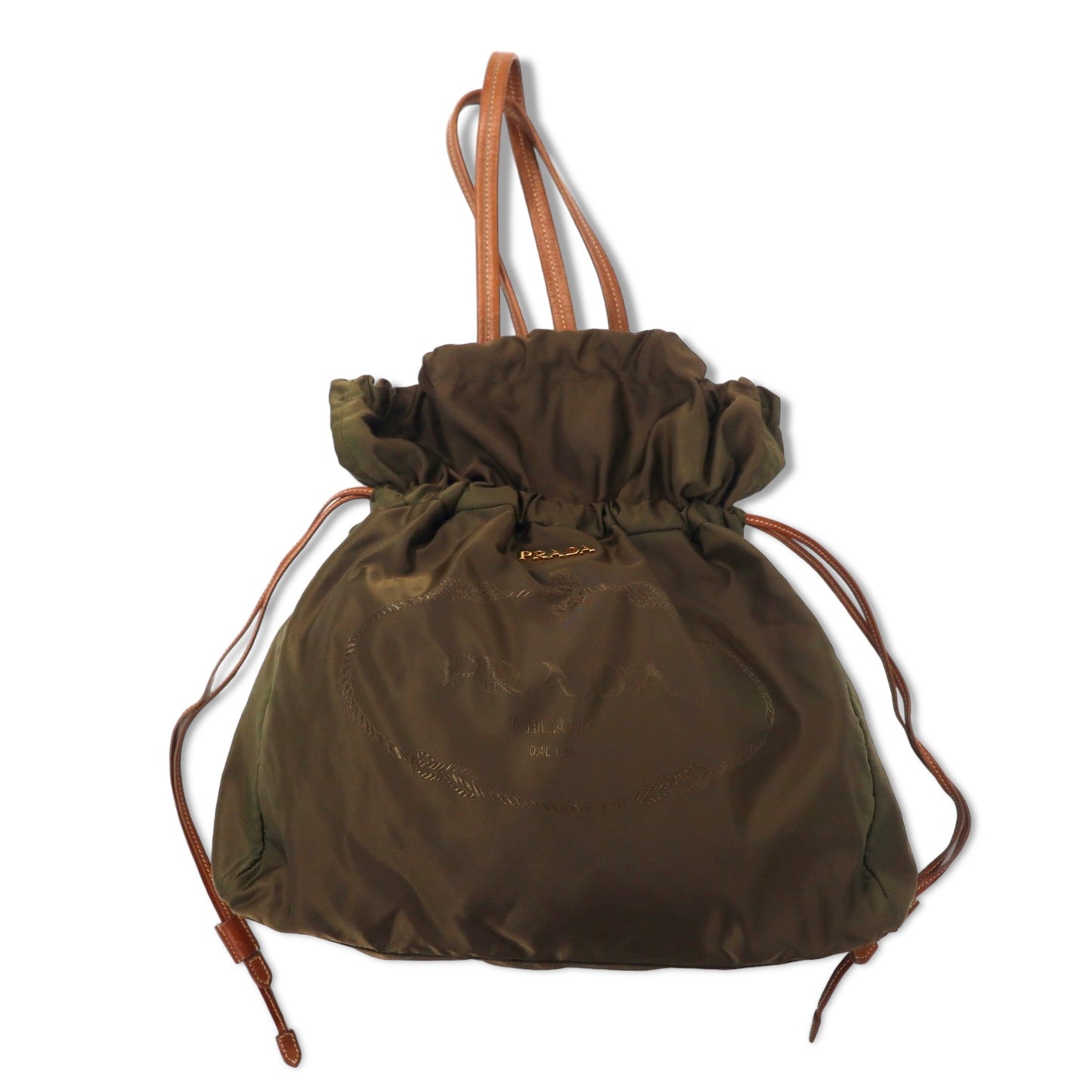 PRADA Jacquard Drawstring Tote Bag Shoulder Bag KHAKI Nylon Logo Print