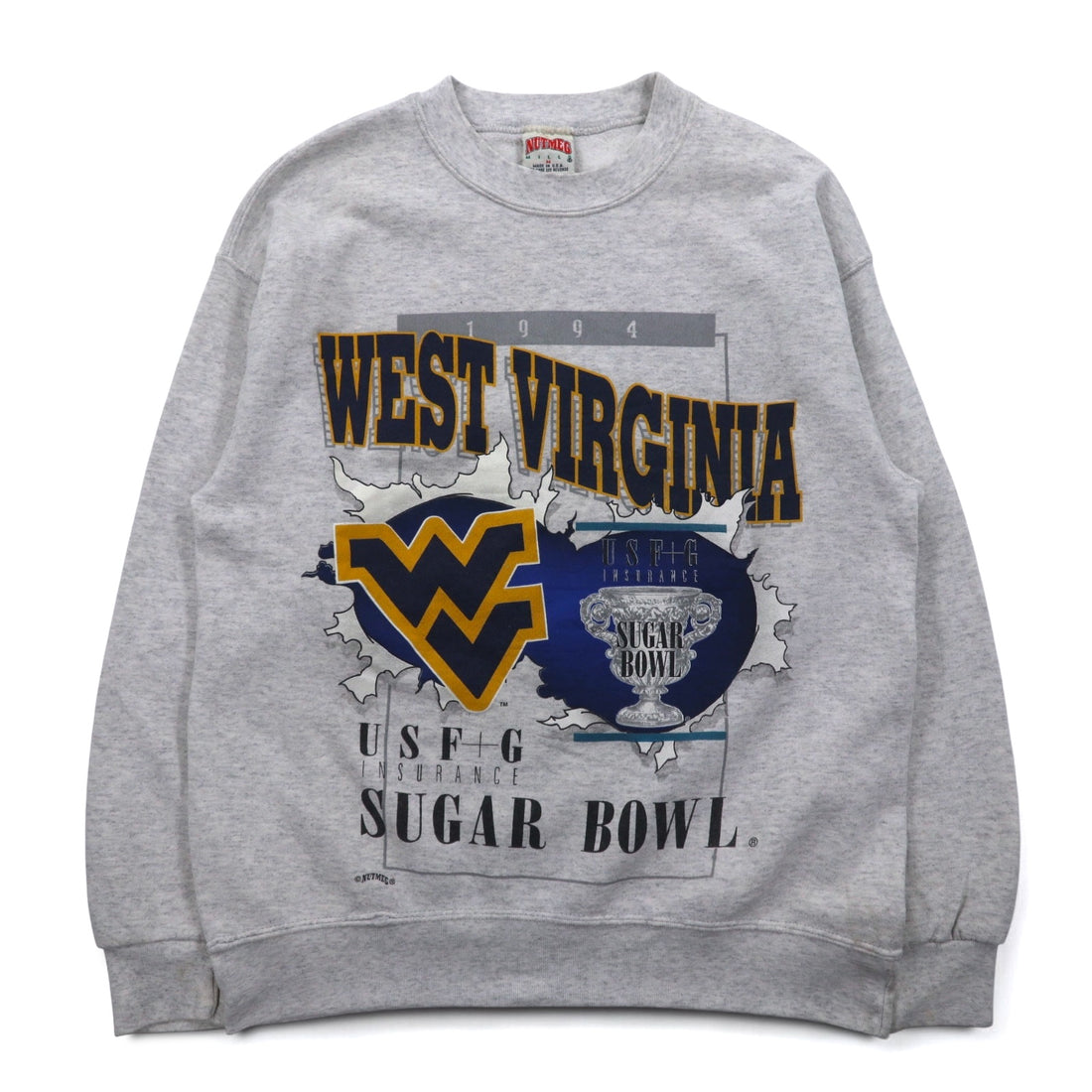 Made in USA 90s NUTMEG MILLS College Print Sweatshirt M Grey Fleece Lining WEST VIRGINIA
