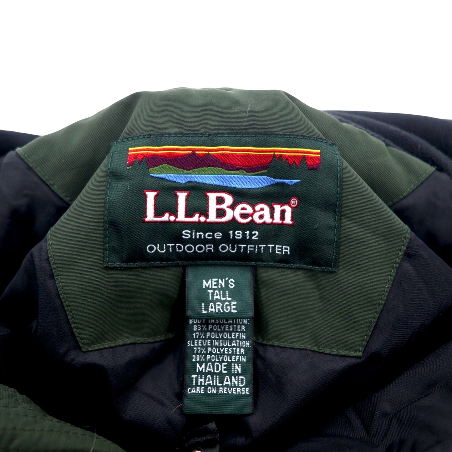 L.L.Bean マウンテンパーカー L カーキー ナイロン フード収納式 ロゴ刺繍 ダブルジップ ドローコード Thinsulate 中綿 OUK65