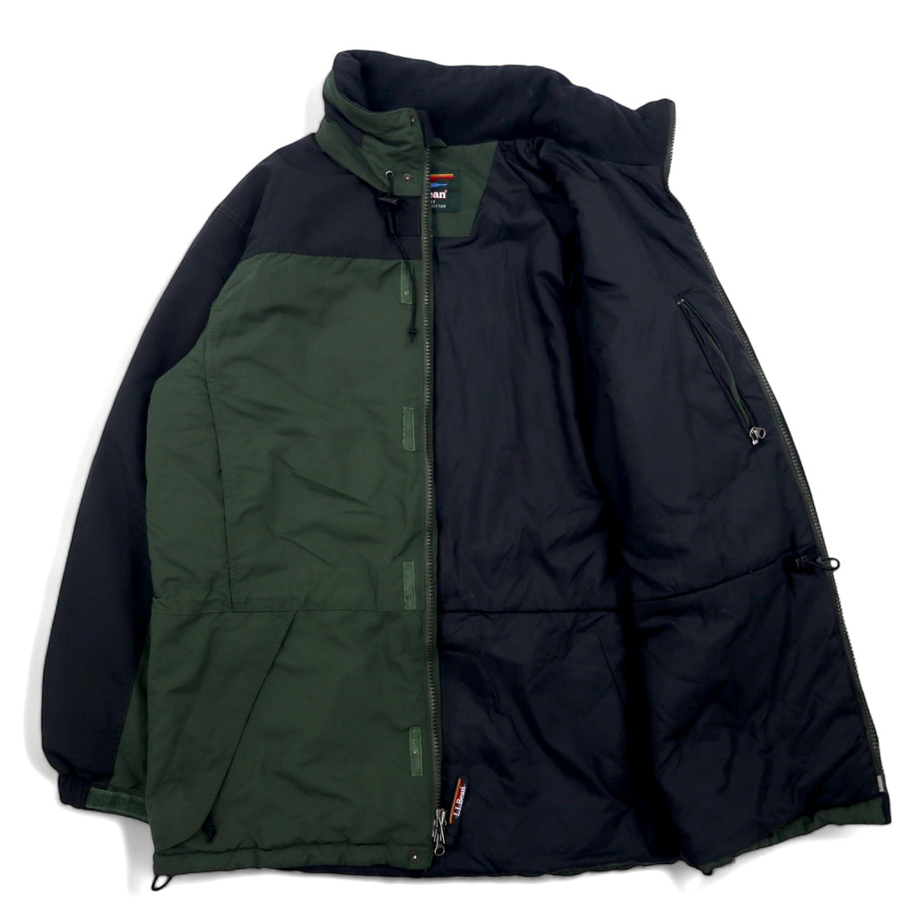 LLBean Mountain Parka L Khaki Nylon Retractable Hood Logo Embroidery Double Zip Drawstring Thinsulate Padding OUK65
