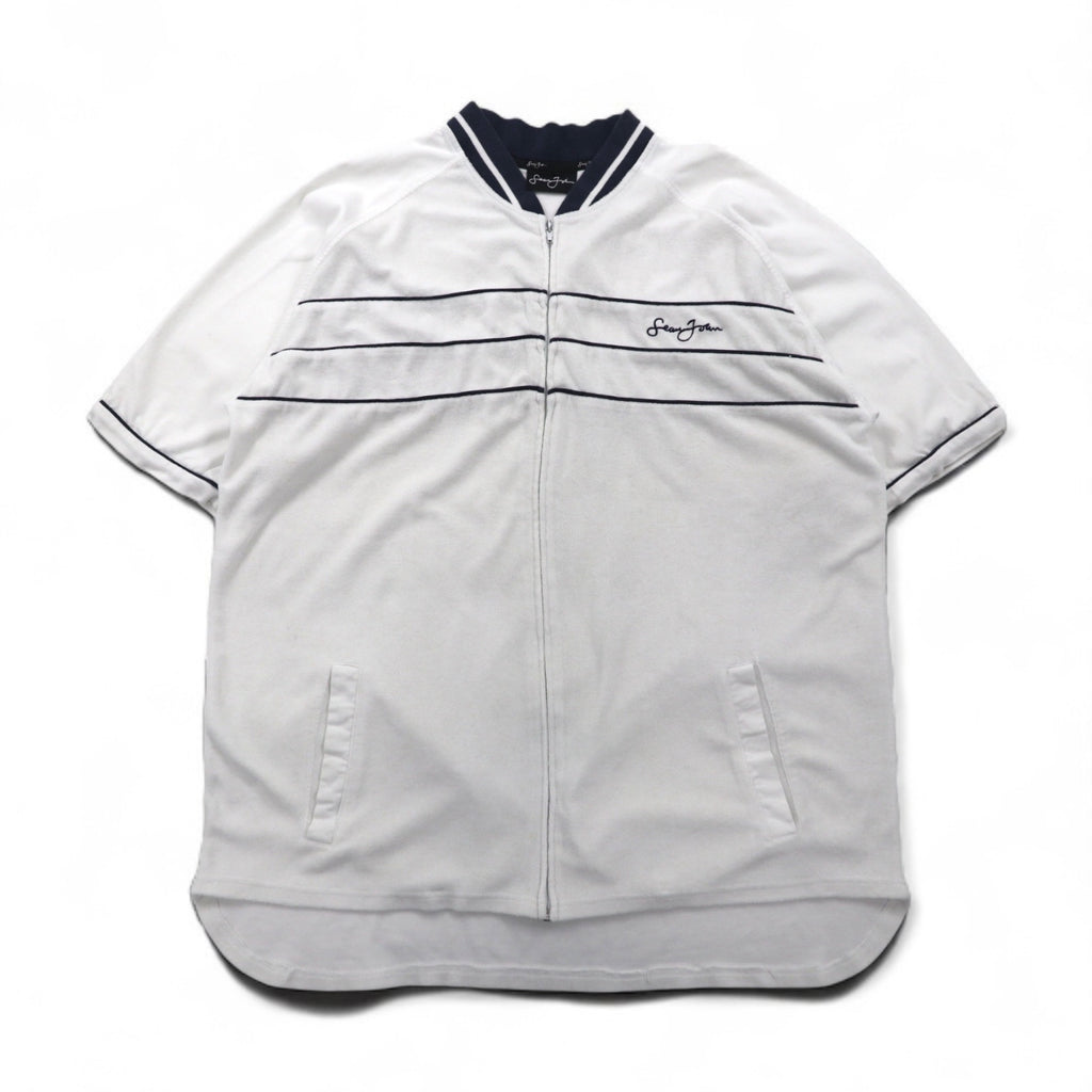 Sean John 90年代 パイル地 半袖 トラックジャケット ジャージ XL ホワイト コットン ポリエステル ワンポイントロゴ刺繍