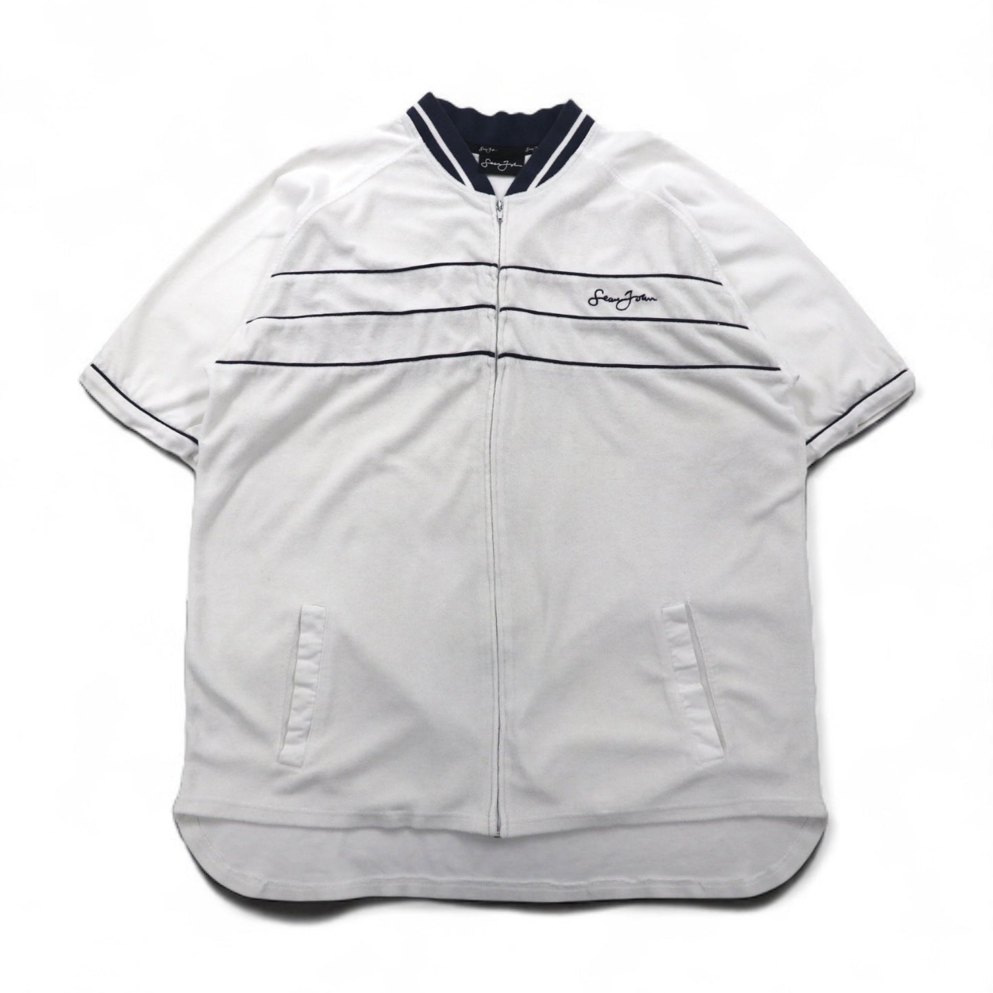 Sean John 90年代 パイル地 半袖 トラックジャケット ジャージ XL ホワイト コットン ポリエステル ワンポイントロゴ刺繍