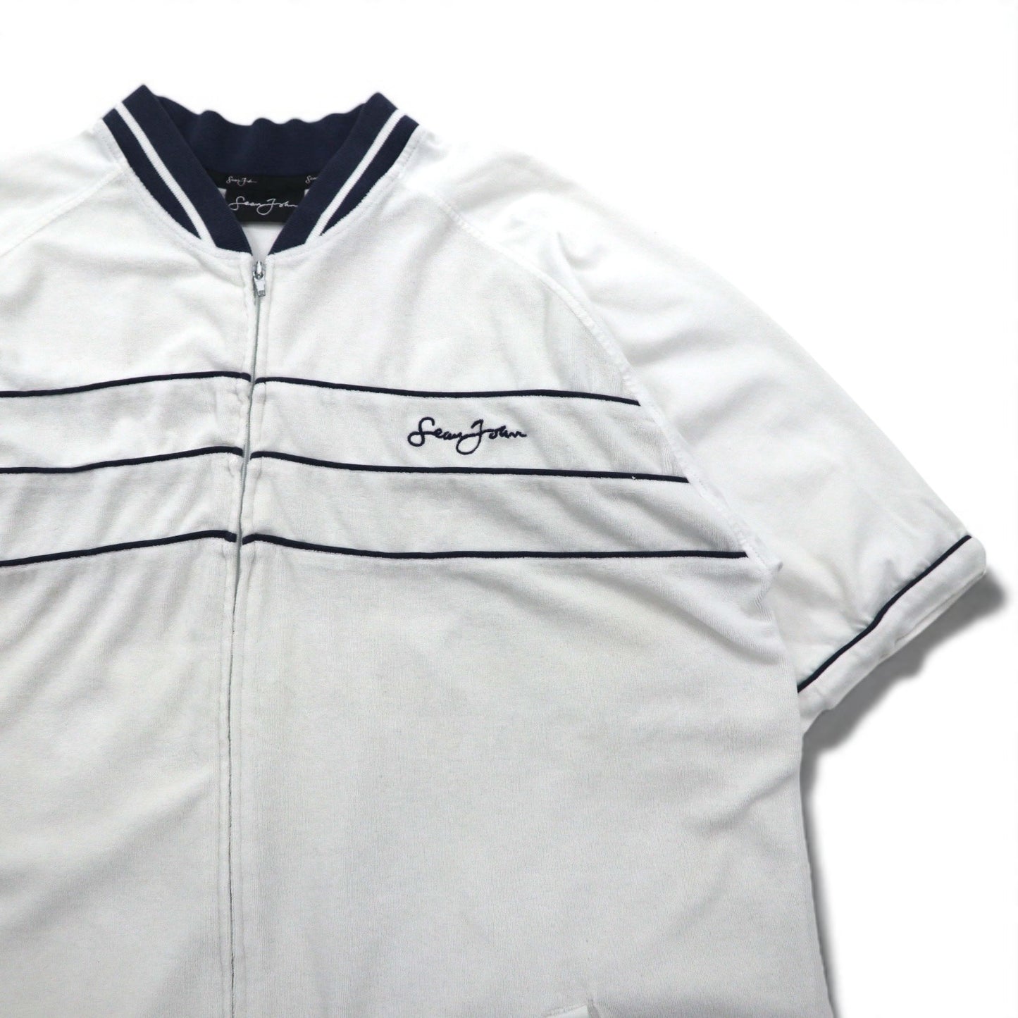 Sean John 90年代 パイル地 半袖 トラックジャケット ジャージ XL ホワイト コットン ポリエステル ワンポイントロゴ刺繍