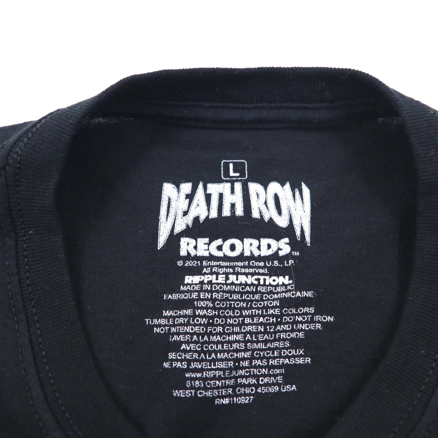 DEATH ROW RECORDS Hip Hop Label T-Shirt, Size L, Black Cotton, RIPPLE JUNCTION