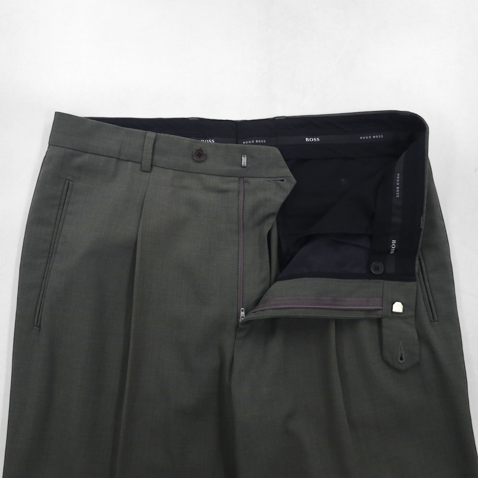 HUGO BOSS 90s Made in USA Wide-leg Pleated Tuck Slacks, Size L, Gray Wool