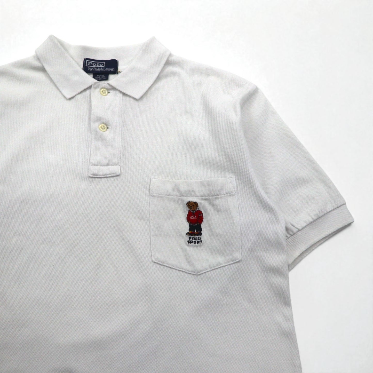 Polo by Ralph Lauren 90s Polo Bear Chest Pocket Polo Shirt, Size L, White, Pique, Single Point Embroidery