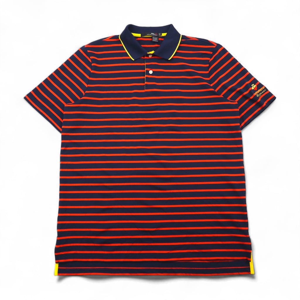 RLX RALPH LAUREN Stretch Mesh Polo Shirt, Size L, Navy and Orange Striped Polyester