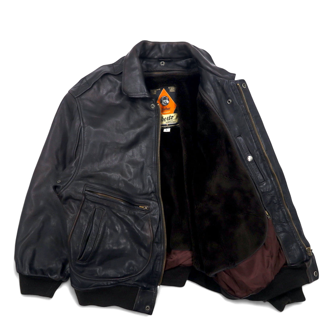 80s Liberto Cow Leather A-2 Flight Jacket, L, Brown, Cowhide, Removable Boa Liner
