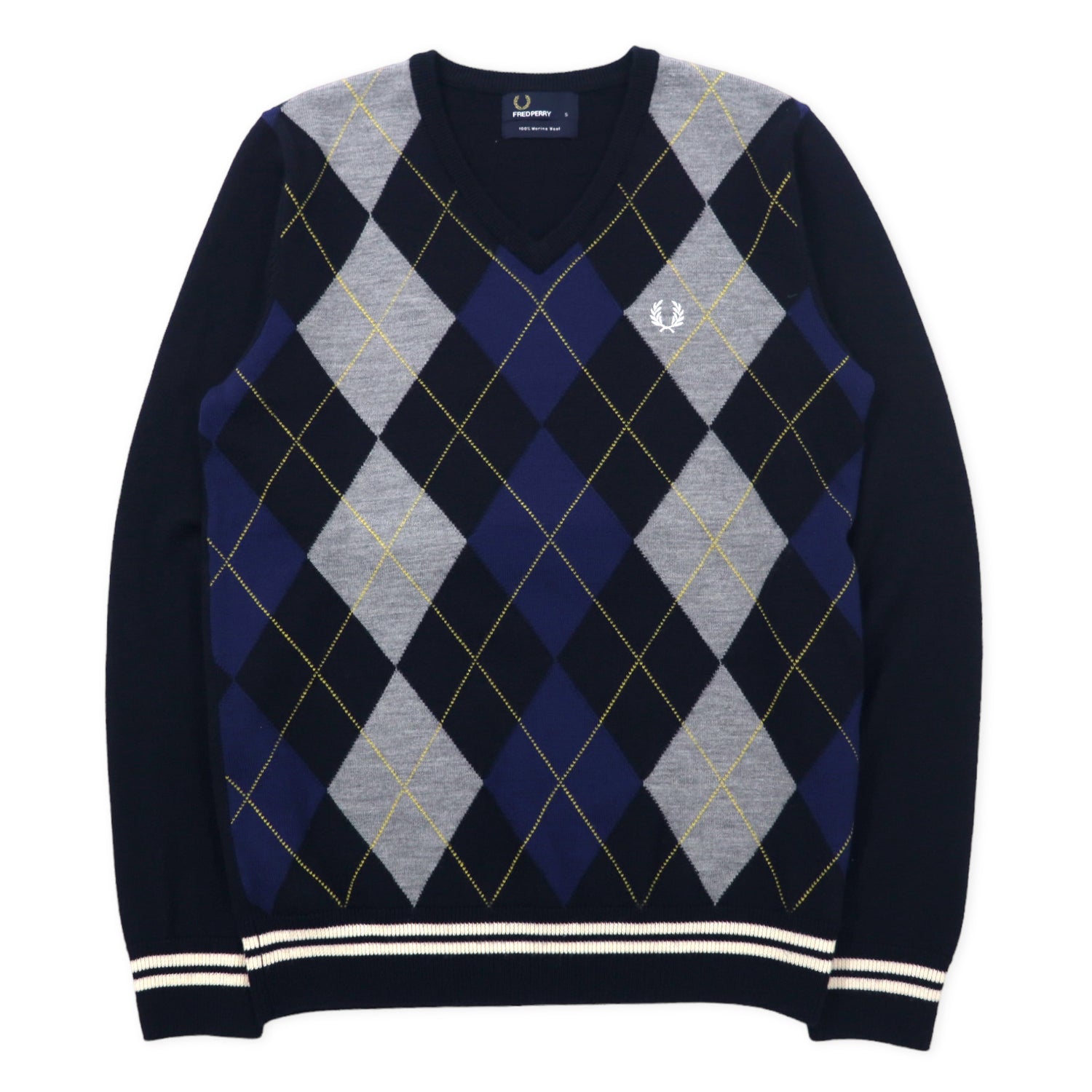 Fred Perry V Neck Argile Knit Sweater S Navy Merino Wool One Point ...
