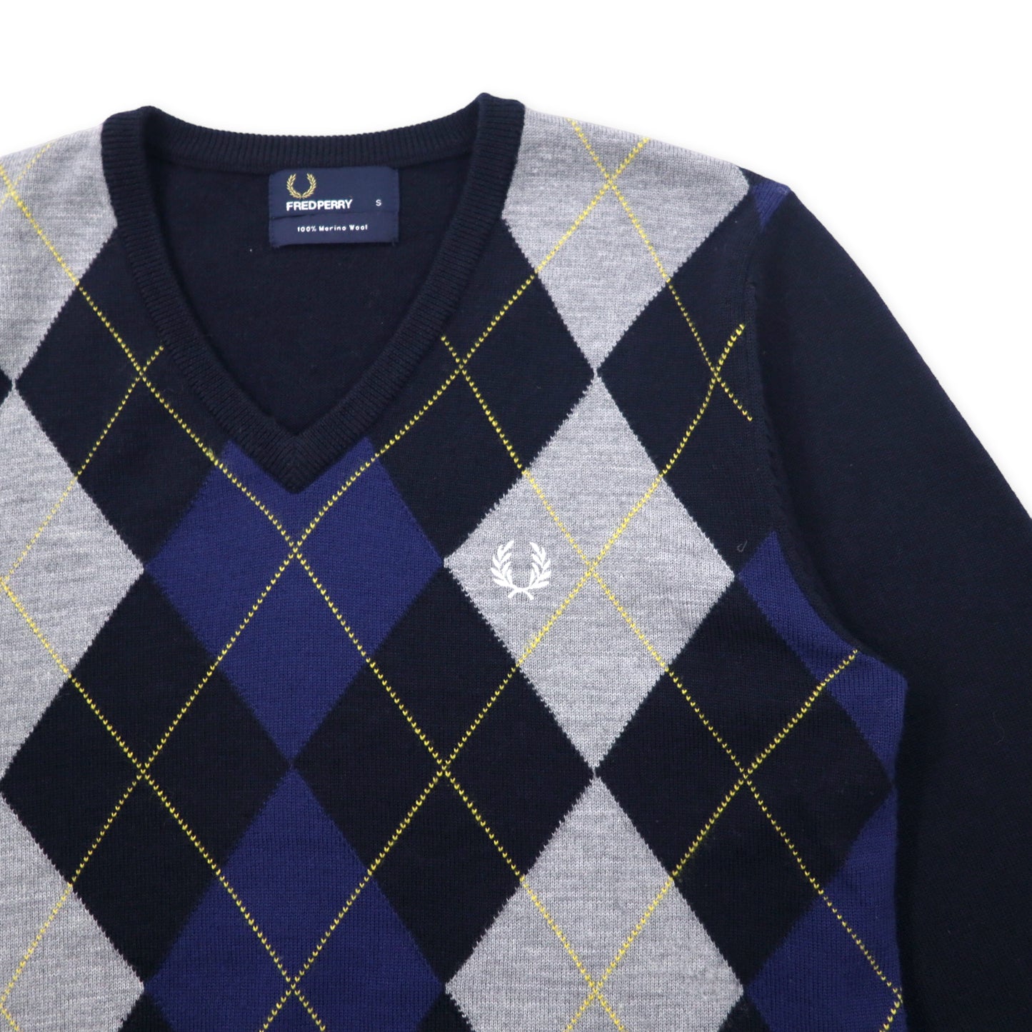 FRED PERRY Vネック アーガイルニット セーター S ネイビー メリノウール ワンポイントロゴ刺繍 K8252