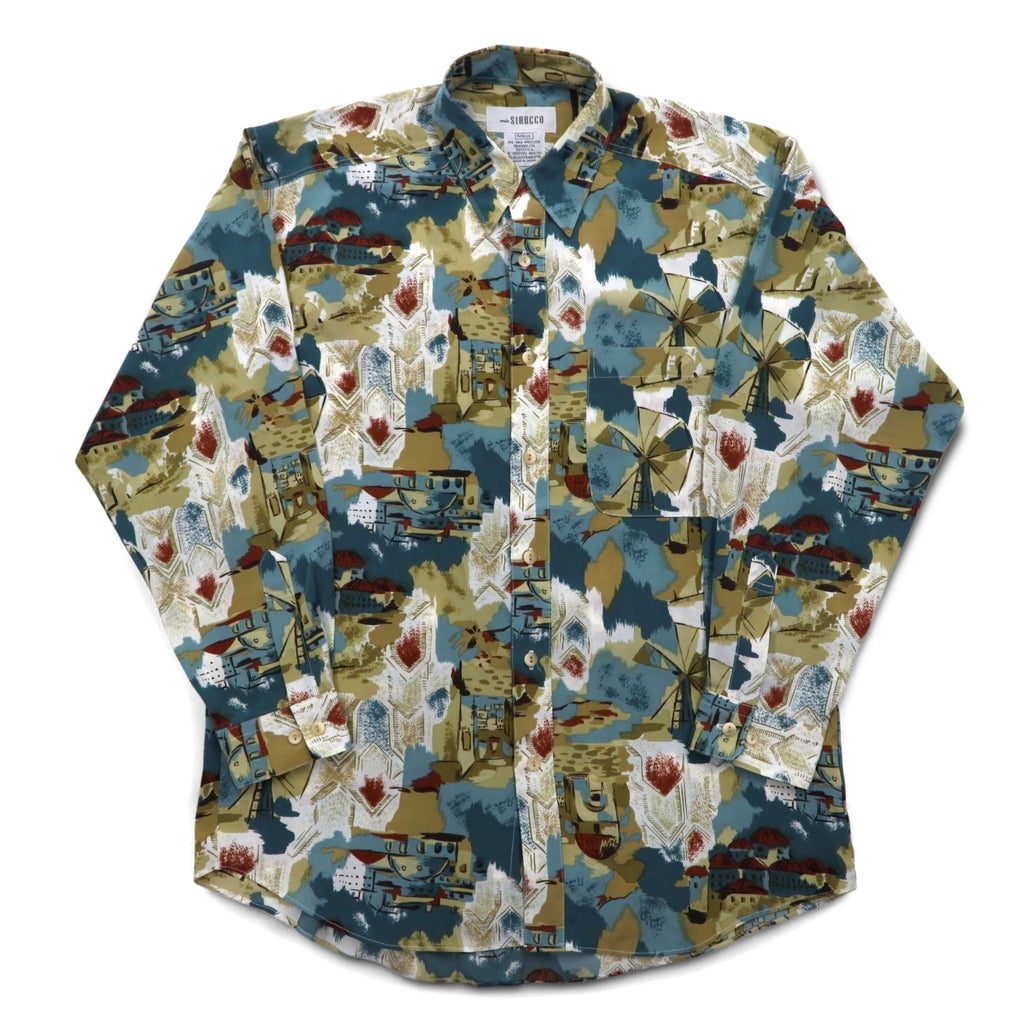 Vintage 90s Japan Made Retro Shirt mio SIROCCO Poly Shirt M Multicolor All-over Pattern Art