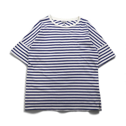 UNUSED Striped T-Shirt, Size L, Blue and White, Cotton, Made in Japan