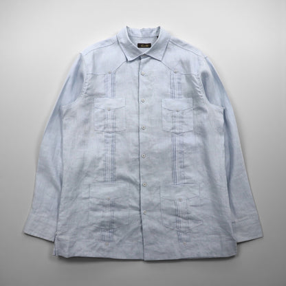 Vintage Cuban Shirt, Large, Blue, Linen, 4-Pocket, Boxy Silhouette, Tasso Elba