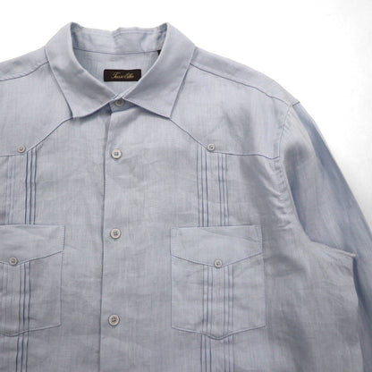 Vintage Cuban Shirt, Large, Blue, Linen, 4-Pocket, Boxy Silhouette, Tasso Elba