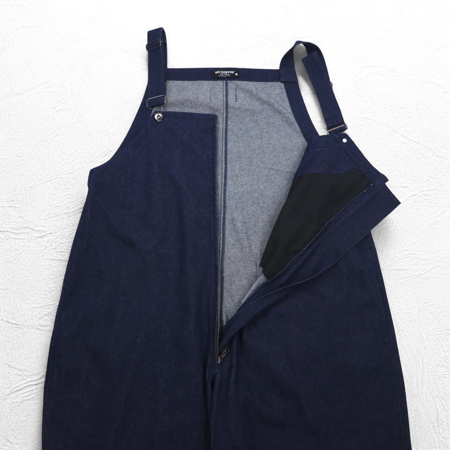 NC BY NO COFFE フロントジップ デニム オーバーオール L インディゴ ブルー 刺繍