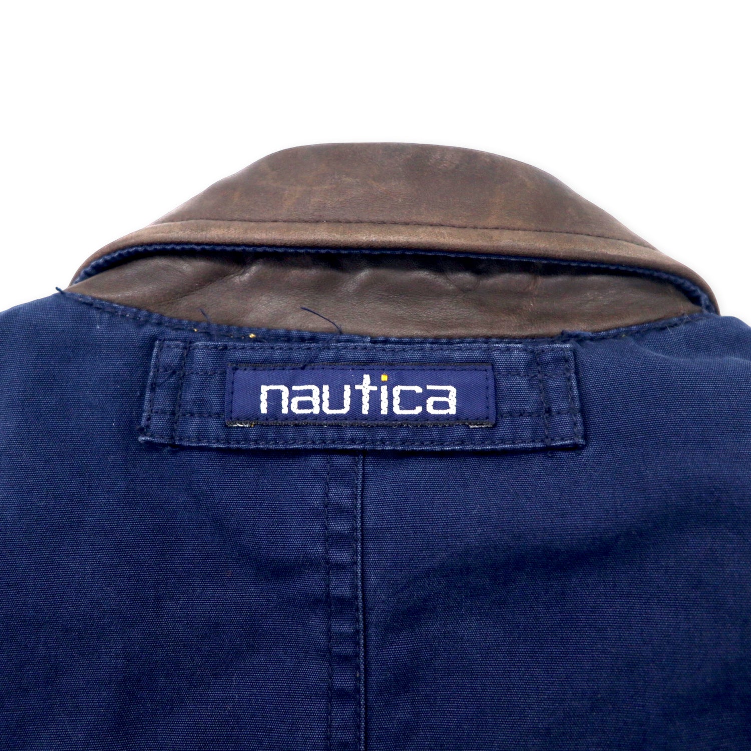 NAUTICA 90's Hunting Jacket Coverall XL Navy Cotton Collar Leather 