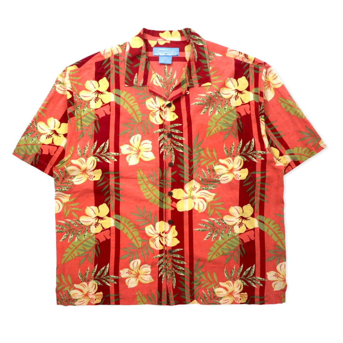 日本然リトテ-古着オンライン-Bermuda Bay アロハシャツ XL レッド シルク 総柄 ハイビスカス ボタニカル ビッグサイズ-Bermuda Bay Hawaiian Shirt XL Red Silk Patterned Hibiscus Botanical Big Size