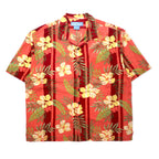 日本然リトテ-古着オンライン-Bermuda Bay アロハシャツ XL レッド シルク 総柄 ハイビスカス ボタニカル ビッグサイズ-Bermuda Bay Hawaiian Shirt XL Red Silk Patterned Hibiscus Botanical Big Size