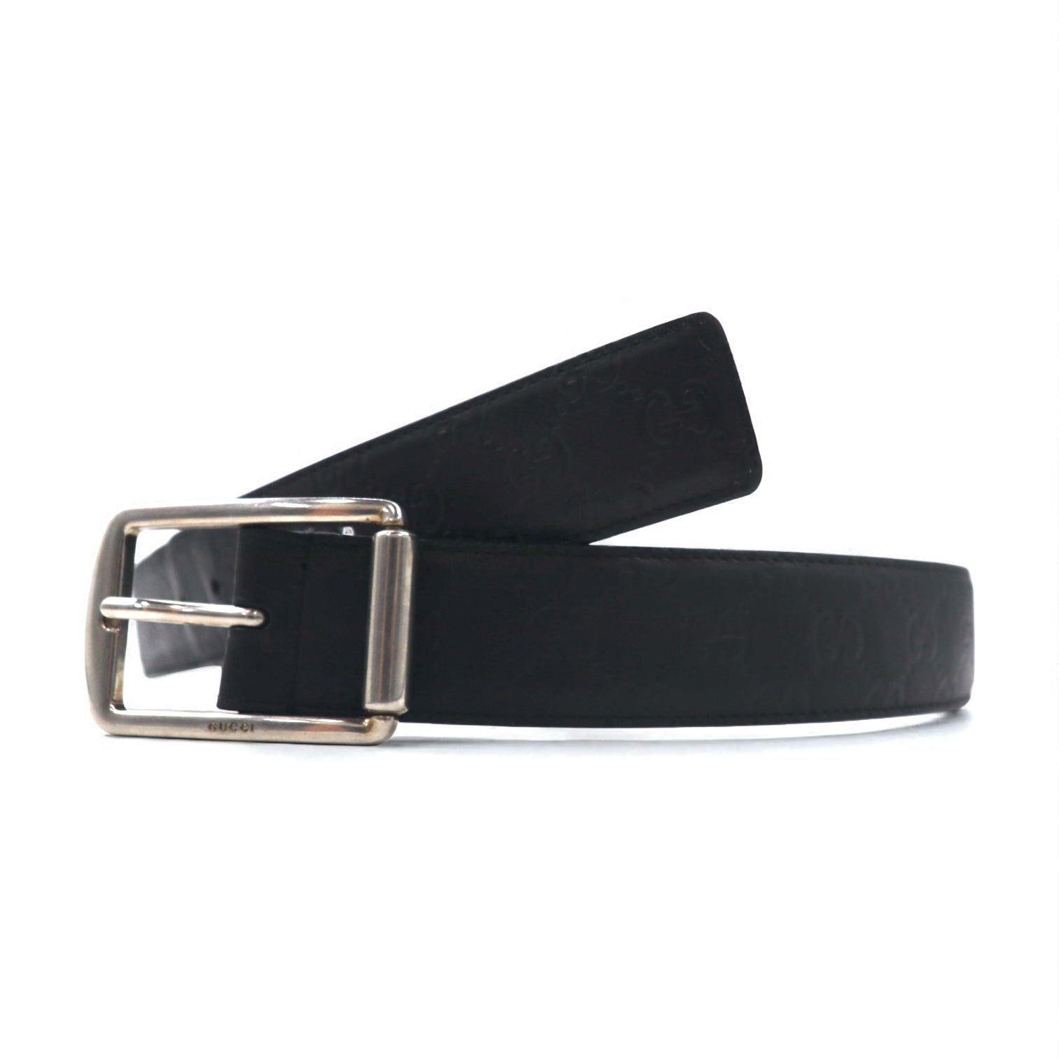 GUCCI イタリア製 グッチシマ レザーベルト ブラック GG柄 型押し シルバー バックル 295331