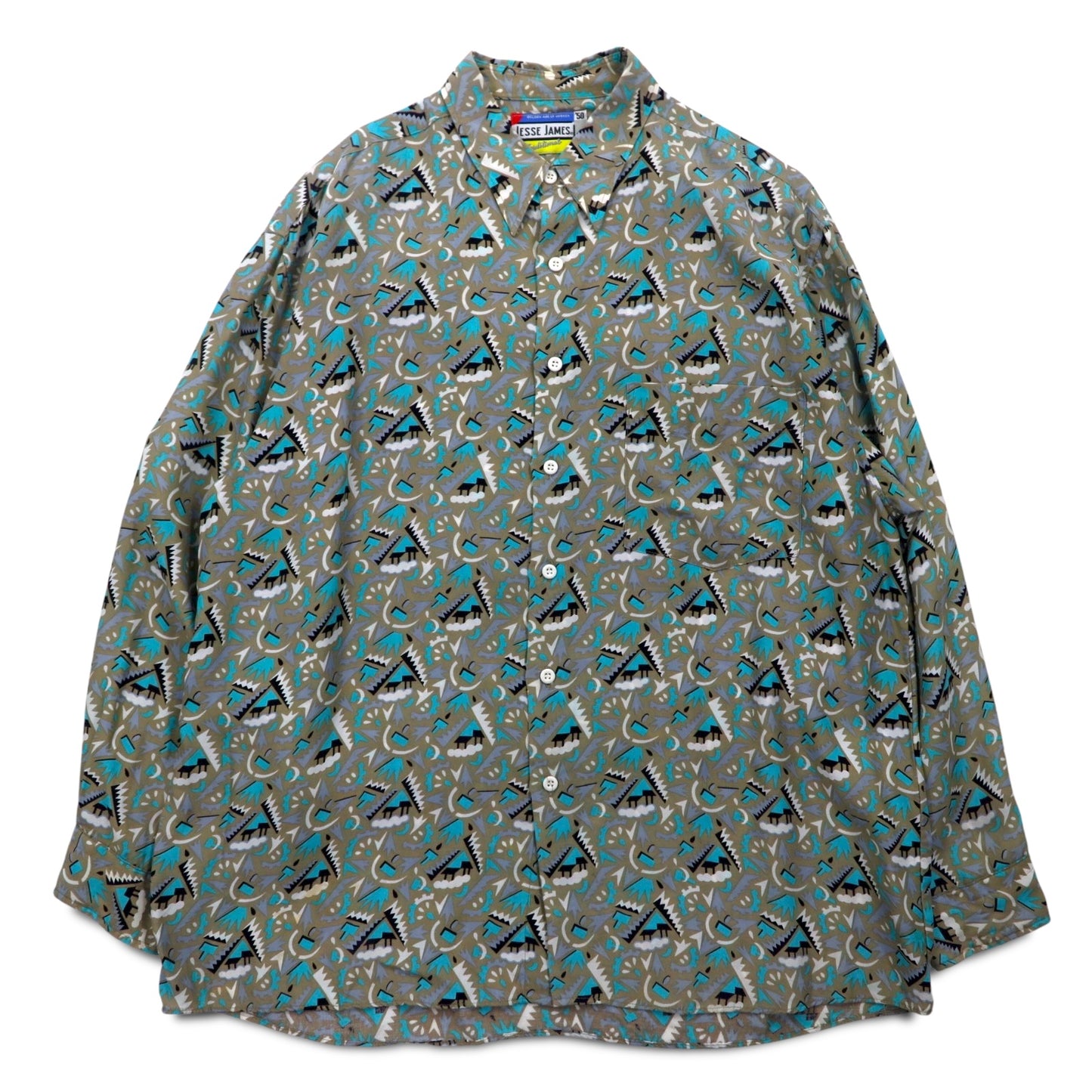 Vintage 90s Retro Shirt JESSE JAMES All-over Print Shirt L Grey Cupra Chest Pocket