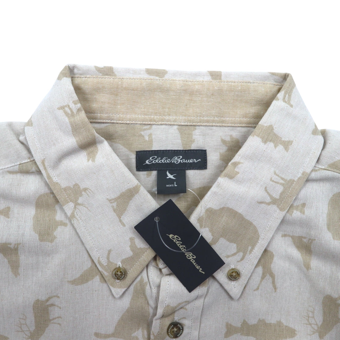 Eddie Bauer Button-down Shirt L Beige Cotton All-over Animal Pattern Unused