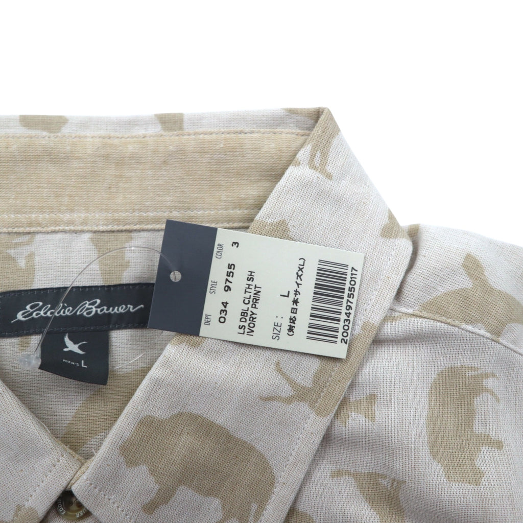 Eddie Bauer Button-down Shirt L Beige Cotton All-over Animal Pattern Unused