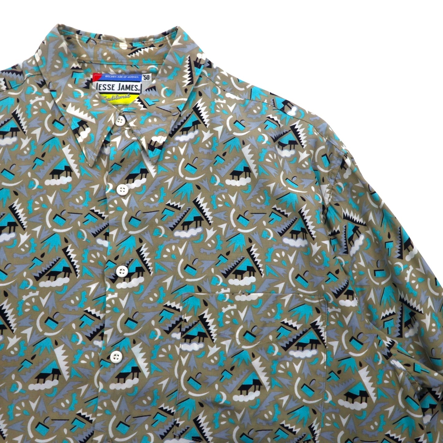 Vintage 90s Retro Shirt JESSE JAMES All-over Print Shirt L Grey Cupra Chest Pocket