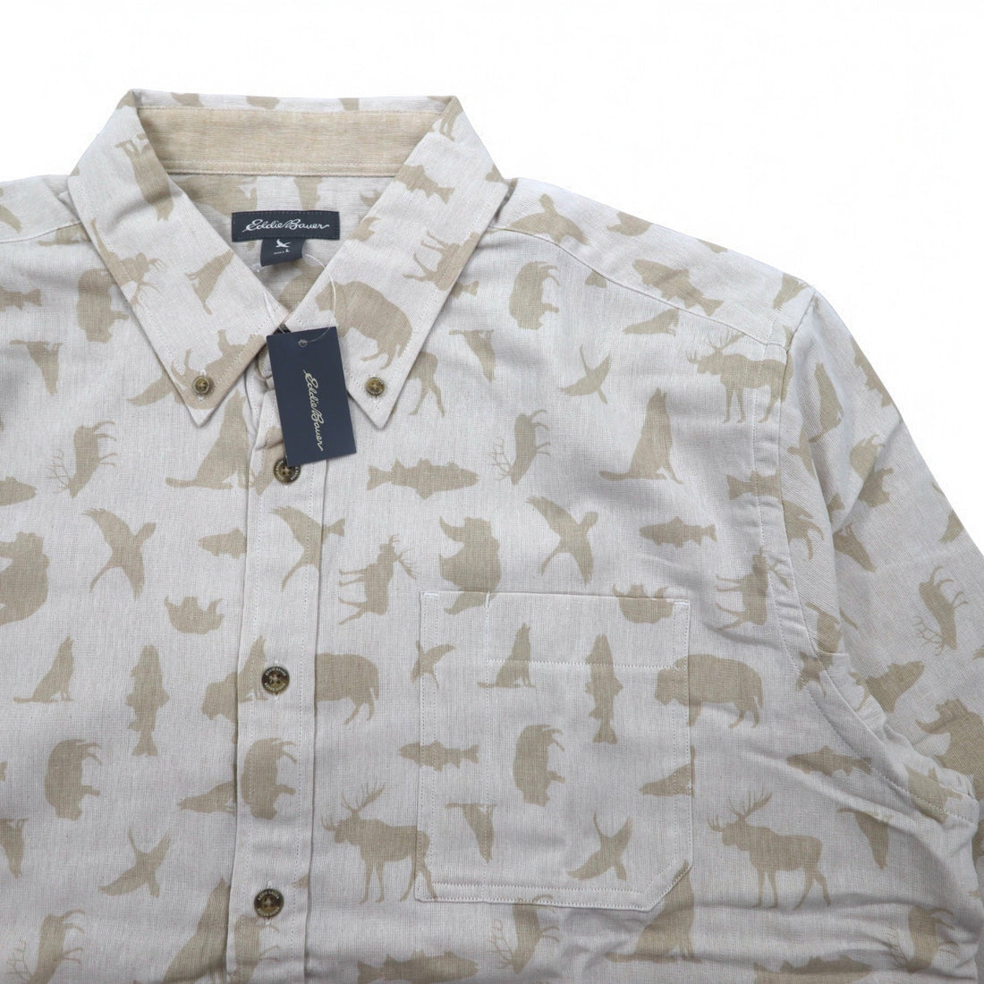 Eddie Bauer Button-down Shirt L Beige Cotton All-over Animal Pattern Unused