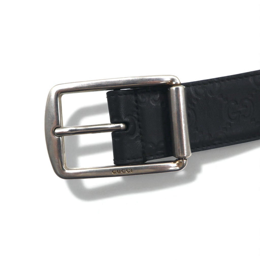 GUCCI イタリア製 グッチシマ レザーベルト ブラック GG柄 型押し シルバー バックル 295331