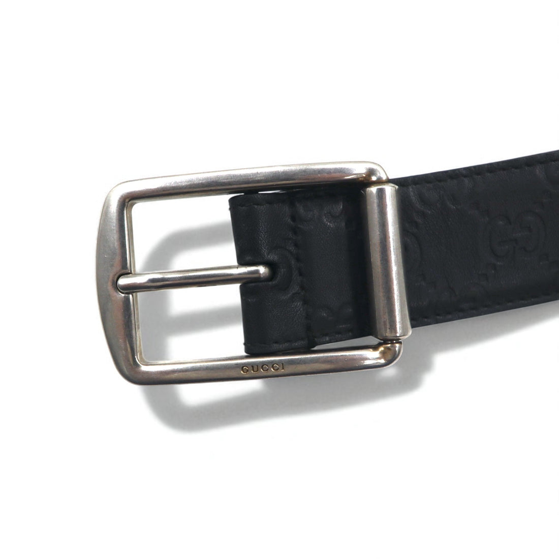 GUCCI イタリア製 グッチシマ レザーベルト ブラック GG柄 型押し シルバー バックル 295331