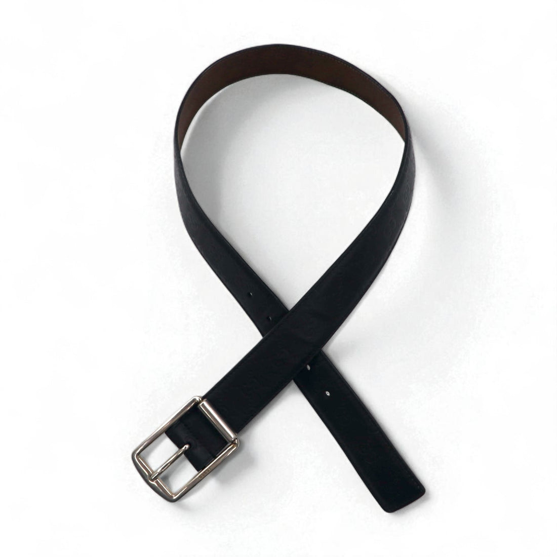 GUCCI イタリア製 グッチシマ レザーベルト ブラック GG柄 型押し シルバー バックル 295331