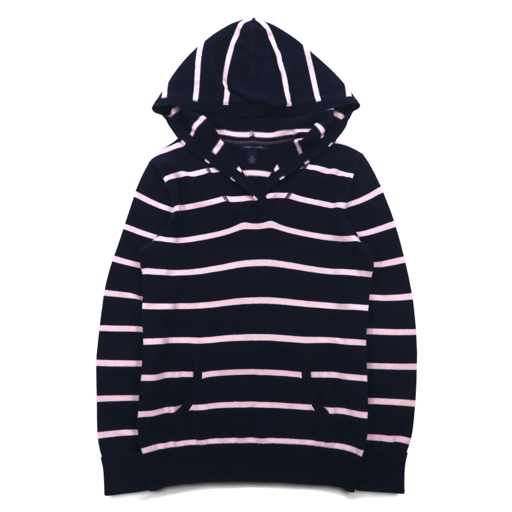 TOMMY HILFIGER Cotton Knit Hoodie S Navy Striped Elbow Patch Front Pocket