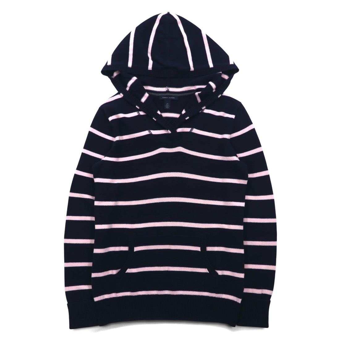 TOMMY HILFIGER Cotton Knit Hoodie S Navy Striped Elbow Patch Front Pocket