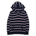 TOMMY HILFIGER Cotton Knit Hoodie S Navy Striped Elbow Patch Front Pocket