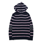 TOMMY HILFIGER Cotton Knit Hoodie S Navy Striped Elbow Patch Front Pocket
