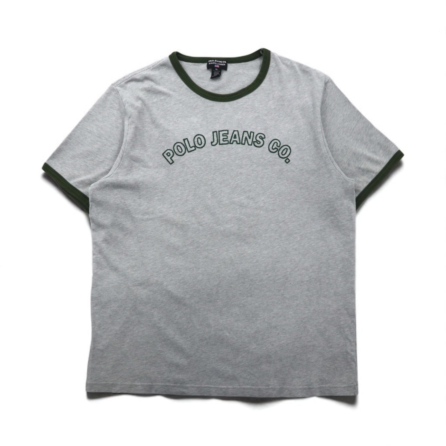 POLO JEANS Co. RALPH LAUREN 90s Arch Logo Ringer T-Shirt, Size XL, Gray, Embroidered Chainstitch Cotton