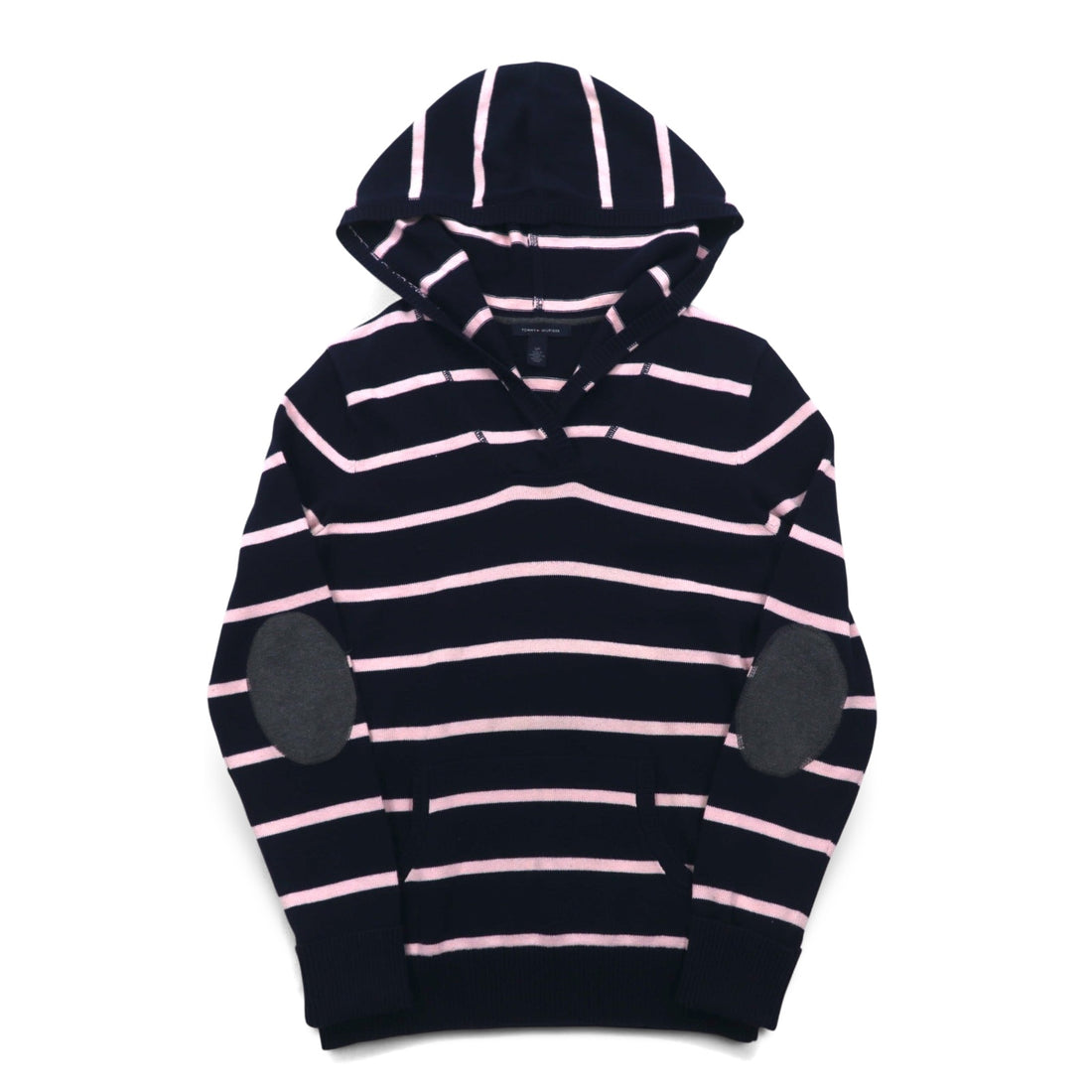 TOMMY HILFIGER Cotton Knit Hoodie S Navy Striped Elbow Patch Front Pocket