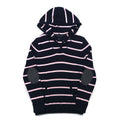 TOMMY HILFIGER Cotton Knit Hoodie S Navy Striped Elbow Patch Front Pocket