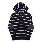 TOMMY HILFIGER Cotton Knit Hoodie S Navy Striped Elbow Patch Front Pocket