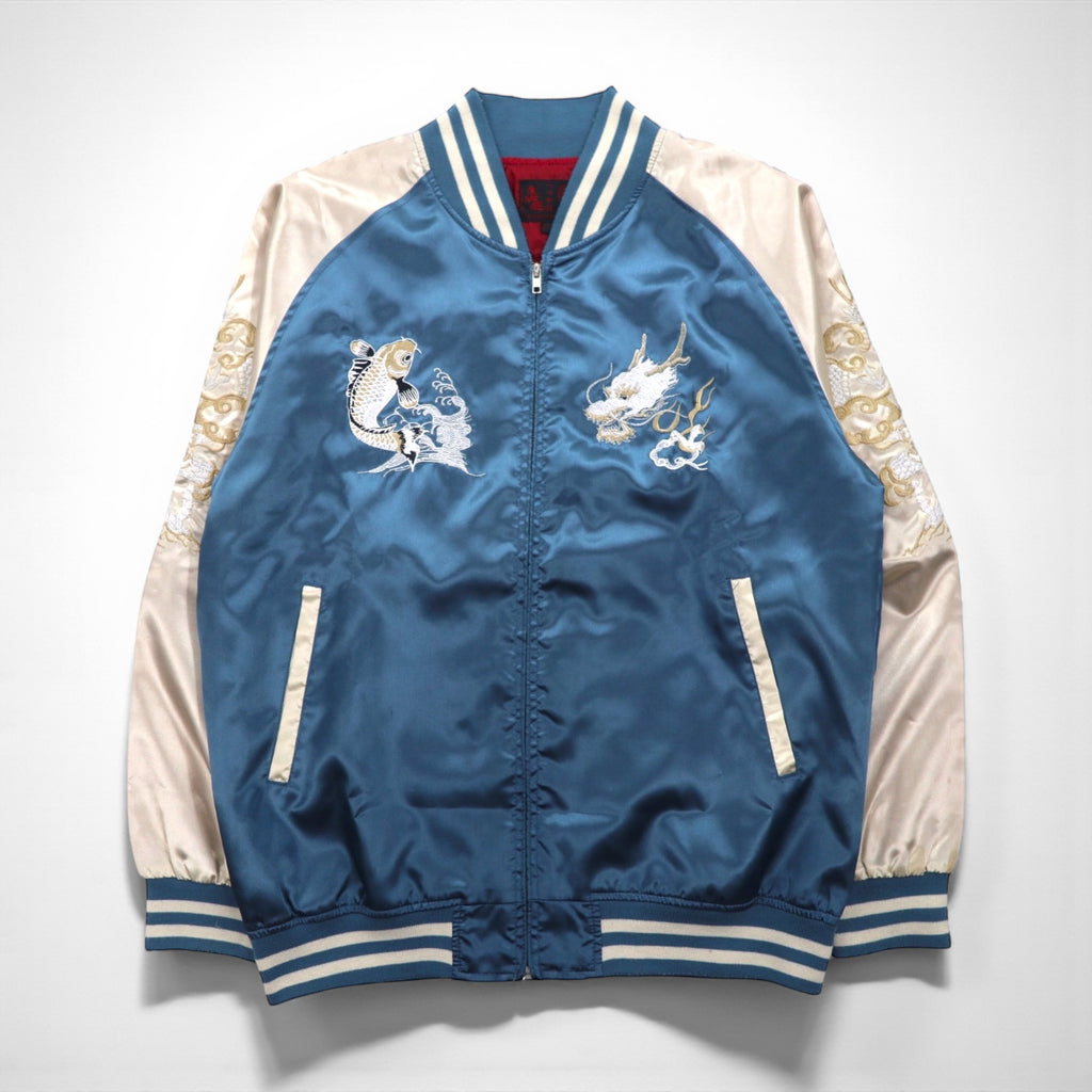Isshinjokyo Sukajan Souvenir Jacket, XL, Blue, Polyester, Dragon and Carp Wave Embroidery