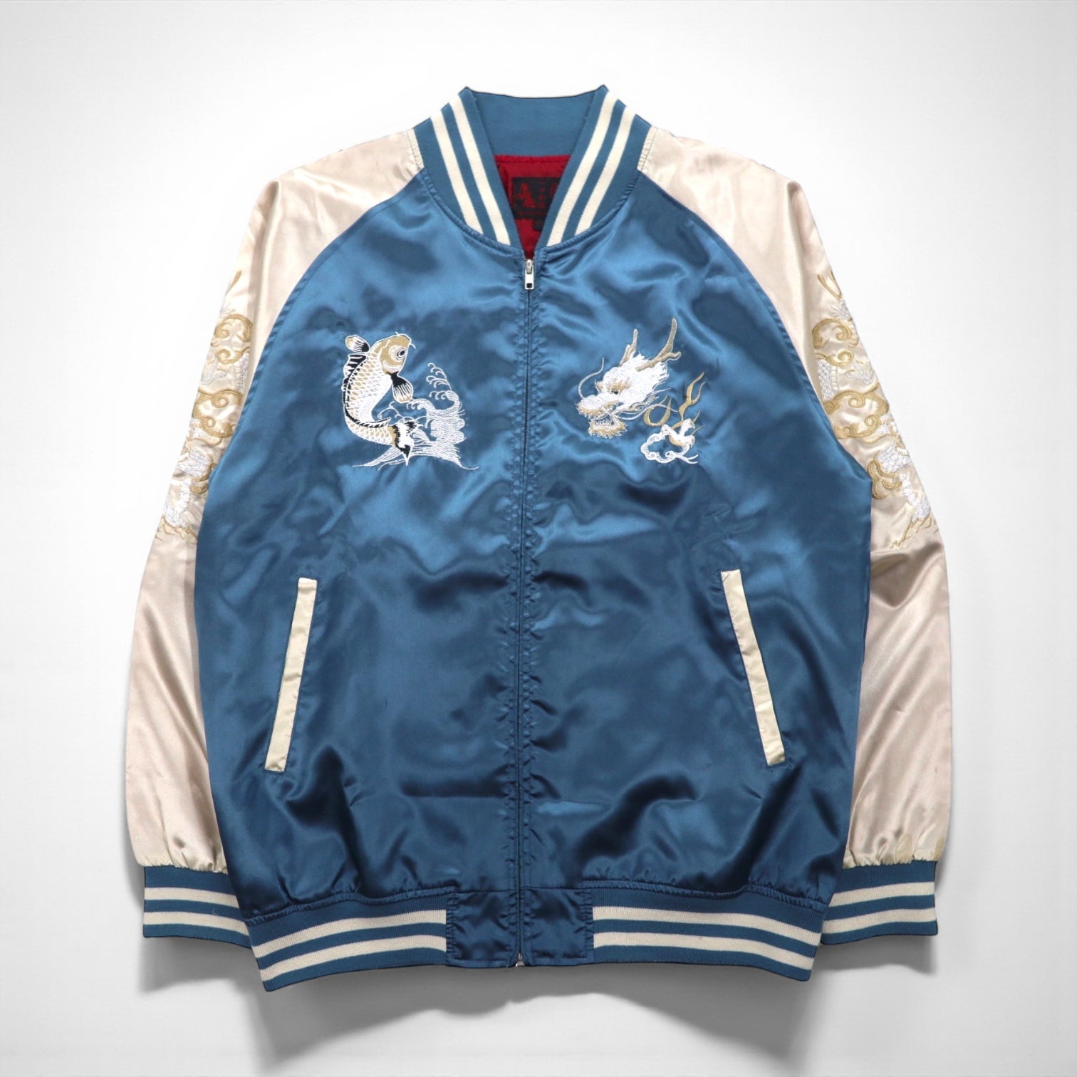 Isshinjokyo Sukajan Souvenir Jacket, XL, Blue, Polyester, Dragon and Carp Wave Embroidery