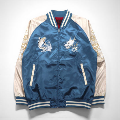Isshinjokyo Sukajan Souvenir Jacket, XL, Blue, Polyester, Dragon and Carp Wave Embroidery