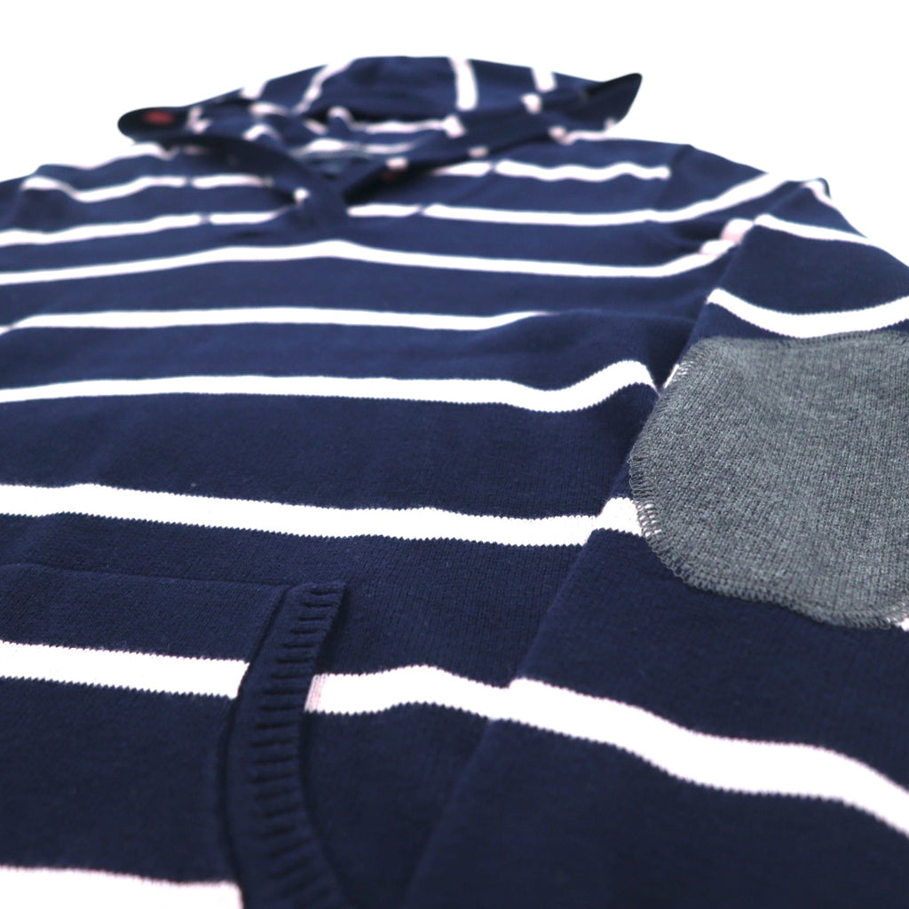 TOMMY HILFIGER Cotton Knit Hoodie S Navy Striped Elbow Patch Front Pocket