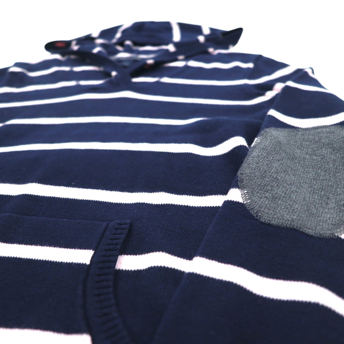 TOMMY HILFIGER Cotton Knit Hoodie S Navy Striped Elbow Patch Front Pocket