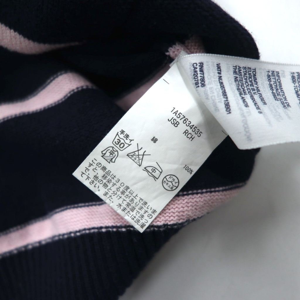 TOMMY HILFIGER Cotton Knit Hoodie S Navy Striped Elbow Patch Front Pocket